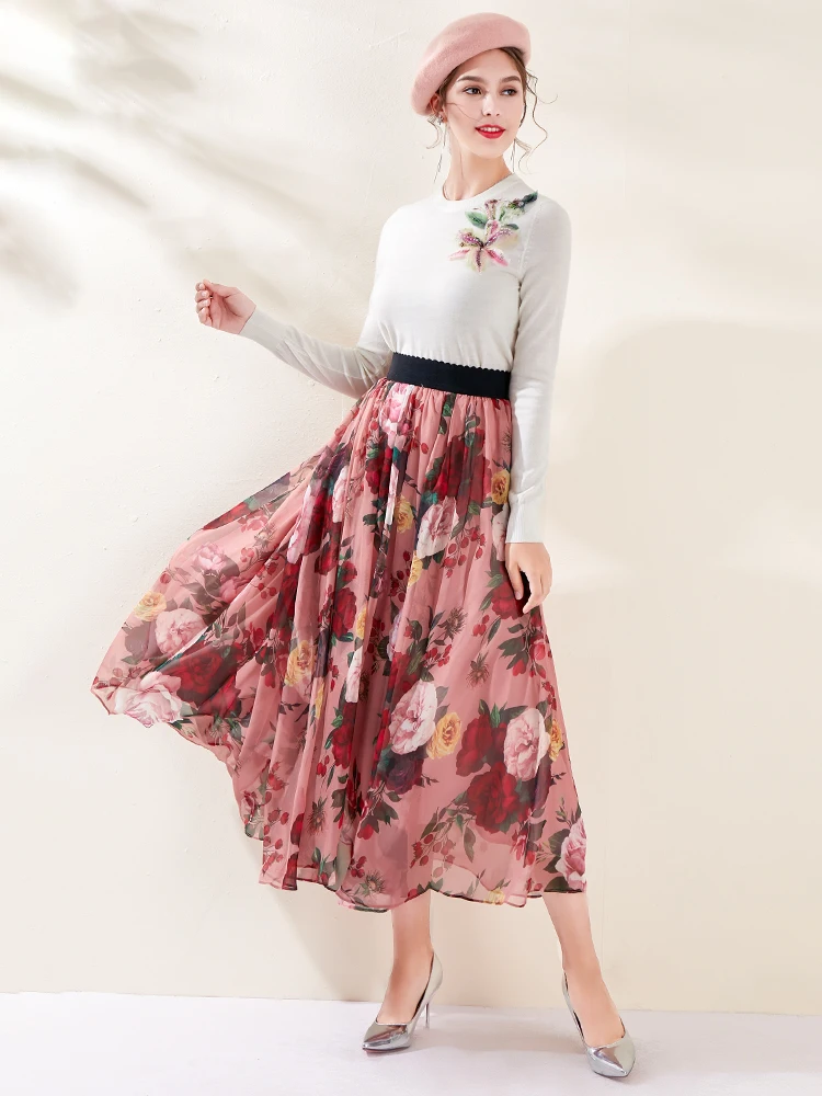 MoaaYina Летняя женская элегантная шифоновая юбка с цветочным принтом розы