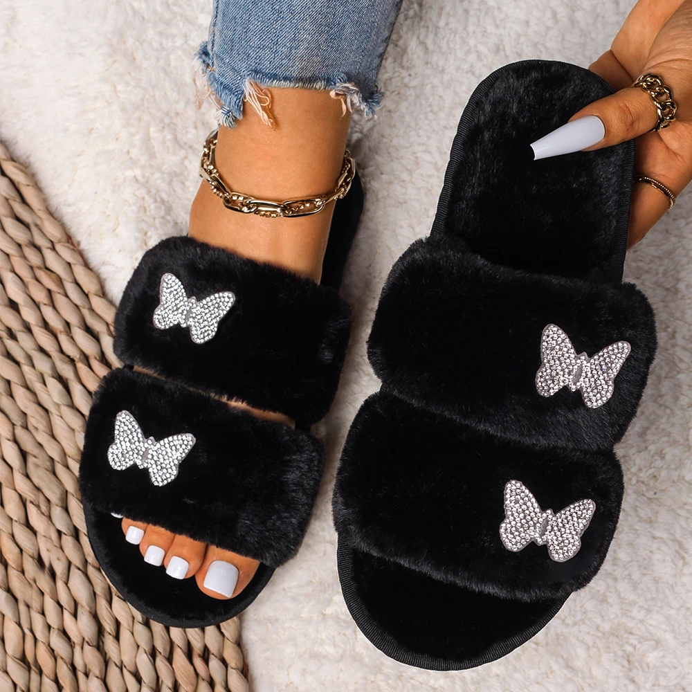 Women House Slippers Rhinestone Butterfly Decor Fluffy Slippers Strap Open Toe Furry Slides Flat Heel Winter Warm Shoes|Slippers| - AliExpress