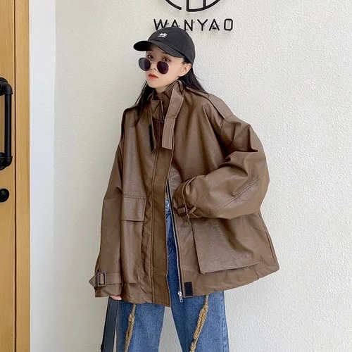 SuperAen зима и осень корейский стиль кожаная куртка женская дикая Повседневная модная женская куртка с длинным рукавом - Color: brown