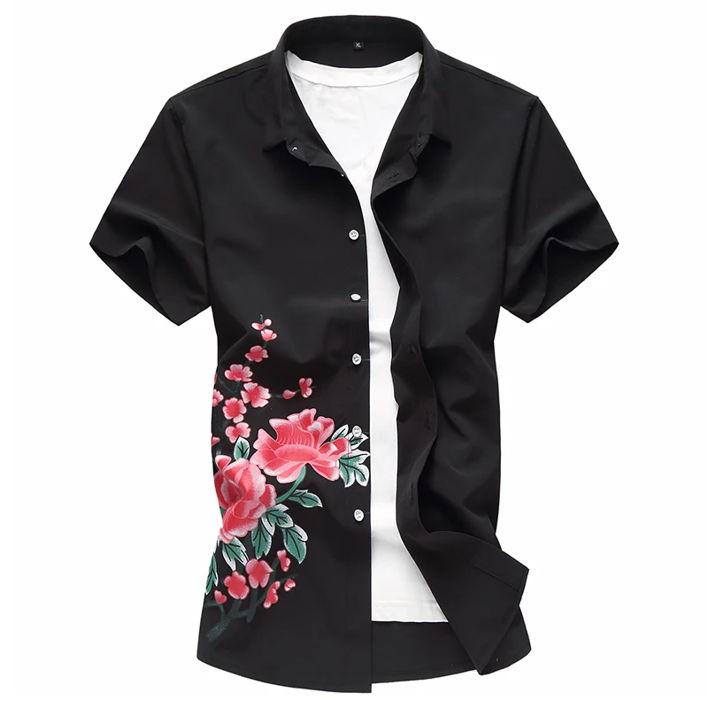 

Big red flower pattern fashion boutique luxury short sleeve shirt Summer New top quality cotton soft comfortable men shirt M-7XL