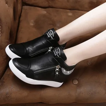 

2020 Spring Autumn Womens Inside Heightening High Heel Rhinestone Crystal Chunky Sports Zip Walking All Matching Shoes