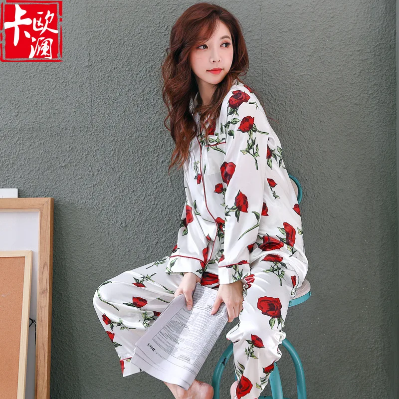 

Spring And Summer New Style Silk Pajamas Women Long Sleeve Set Imitated Silk Fabric Cardigan Casual Tracksuit Women's Viscose Pa