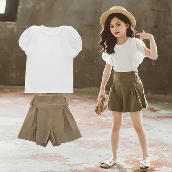 

Summer Girls Clothes Set Teenage Kids Clothing Children Outfits White Short-Sleeved Tops + Shorts Girls Sets Casual Tracksuit