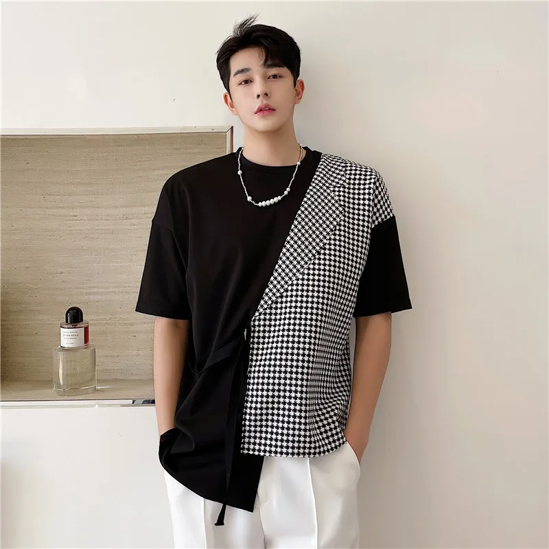 

Summer wear ins personalized lattice stitching design Korean men's loose short sleeve T-shirt hairstylist youth trendy men's T-s