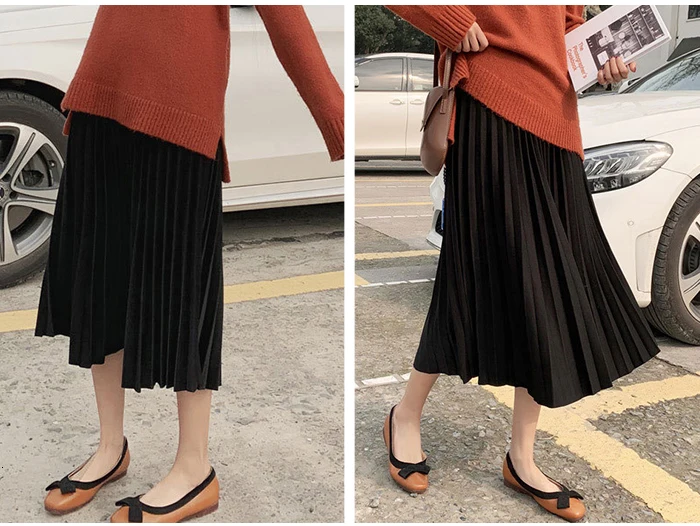 Элегантная однотонная плиссированная юбка миди для женщин осень зима Женская Корейская Высокая талия трапециевидная школьная длинная юбка для женщин