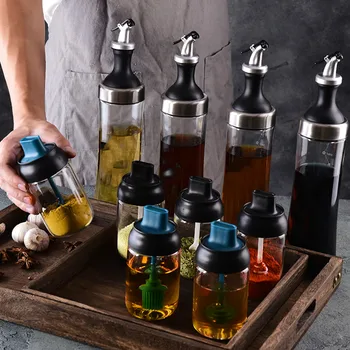 

Condiment Pots Seasoning Jar with Spoon Brush Drippers Spice Honey Oil Bottle Salt Sugar Organizer Kitchen Pepper Container