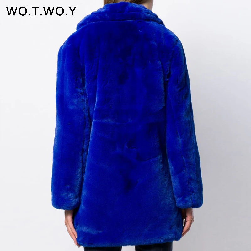 WOTWOY, женское вязаное пальто из искусственного меха, Осень-зима, отложной воротник, прямые длинные женские куртки, уличные толстые женские топы