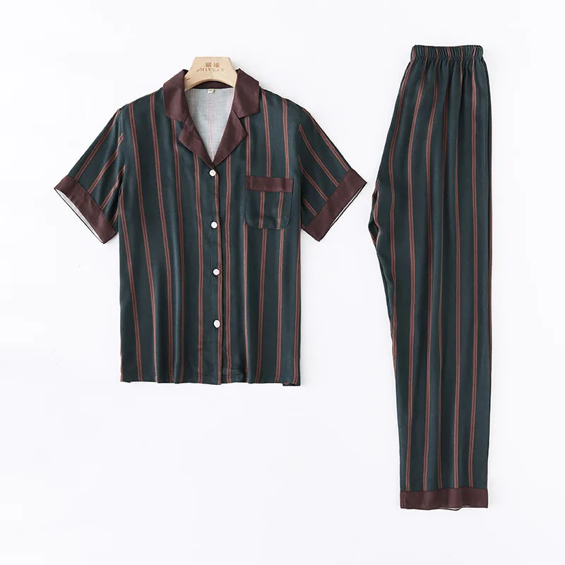 

Couple's Simple Dark Green Stripe Shirt Pajamas for Women Lapel Satin Short Sleeve Trouser Suits Viscose Two Piece Set Autumn
