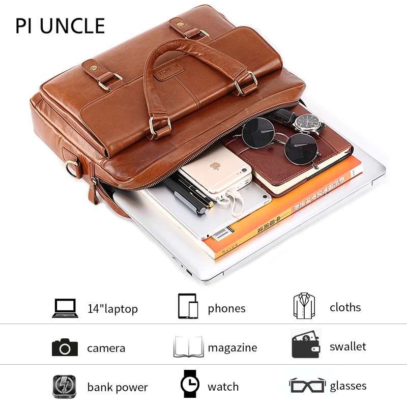 2020 New Men's Split Leather Handbag Zipper Men's Business Polyester Soft Bag 14 Inch Briefcase Bag