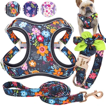 

Custom Nylon Dog Collar Harness Leash Set Personalized Flower Printed Dog Collar Reflective Pet Harnesses Lead Rope For Dogs