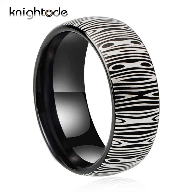 

Black/Blue Damascus Ring Band Tungsten Carbide Engraved Ring For 8mm Men Women Wedding Ring Party JewelryPolished Dome Band