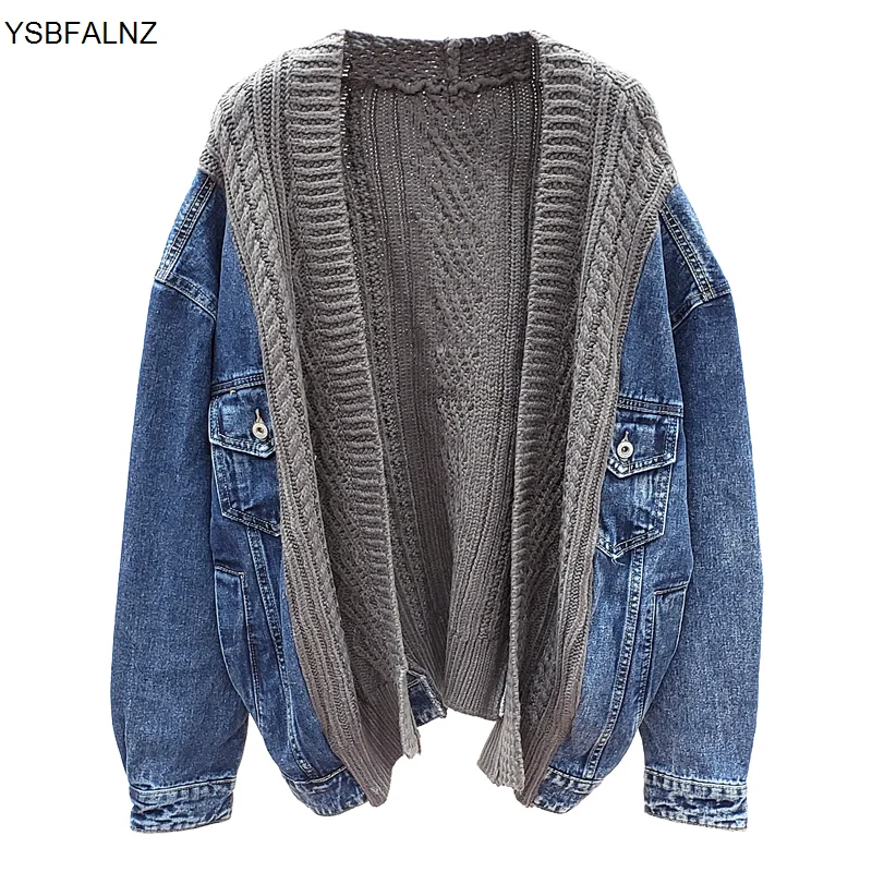 

Spring Autumn 2023 Loose Sweater Stitching Denim Coat Women's Long Sleeve Knitted Cardigan Korea Jacket Women Large Size Clothes