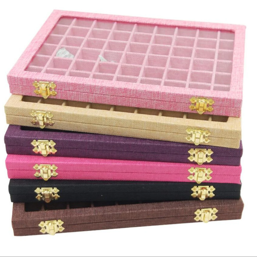  Jewelry Tray Box Storage Ring Bracelet with 54 Mini Grids Clear Glass Lid Showcase Display for Home Shop Counter Organizer Ring