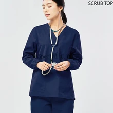 Mulheres esfrega superior de manga longa uniformes médicos algodão enfermeira esfrega camisa v pescoço médico traje algodão workwear macacão hospital