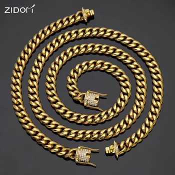 

2pcs/set gold color Stainless Steel Men Hiphop iced out long Miami cuban chains necklaces with bracelets Men hip hop jewelry