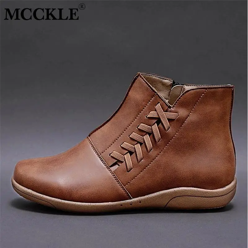 Ceny MCCKLE kobiety zamek Pu skórzane botki jesień kobieta do szycia stałe płaskie buty kobieta casual Plus rozmiar platformy damskie buty