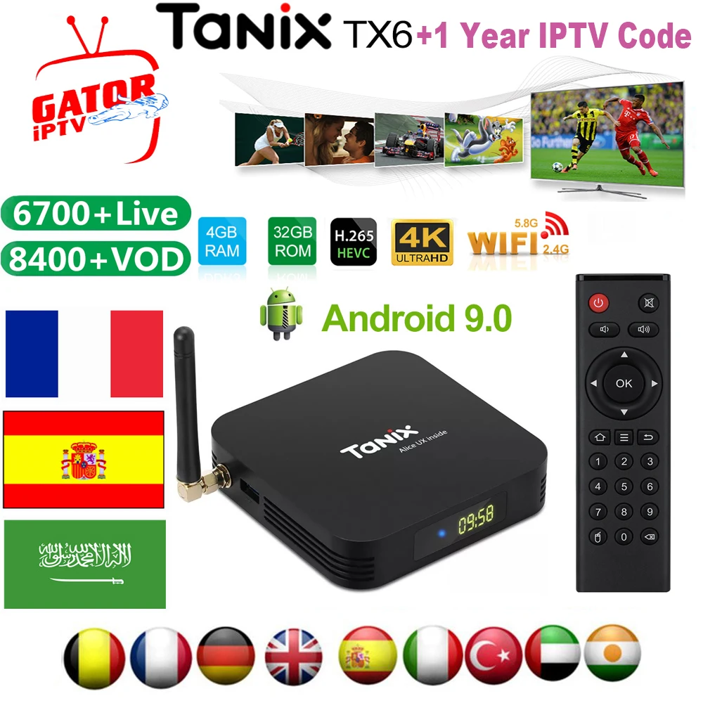 

Tanix TX6 Smart TV Box+1 Year Gator IPTV Subscription Android 9.0 4K Set-Top Box France Spain Nederland Portugal IPTV Abonnement