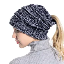 Теплая осенне-зимняя вязаная шапка с хвостиком, Уличная Повседневная женская вязаная шапочка, шапка с ободком для волос, теплые шапки