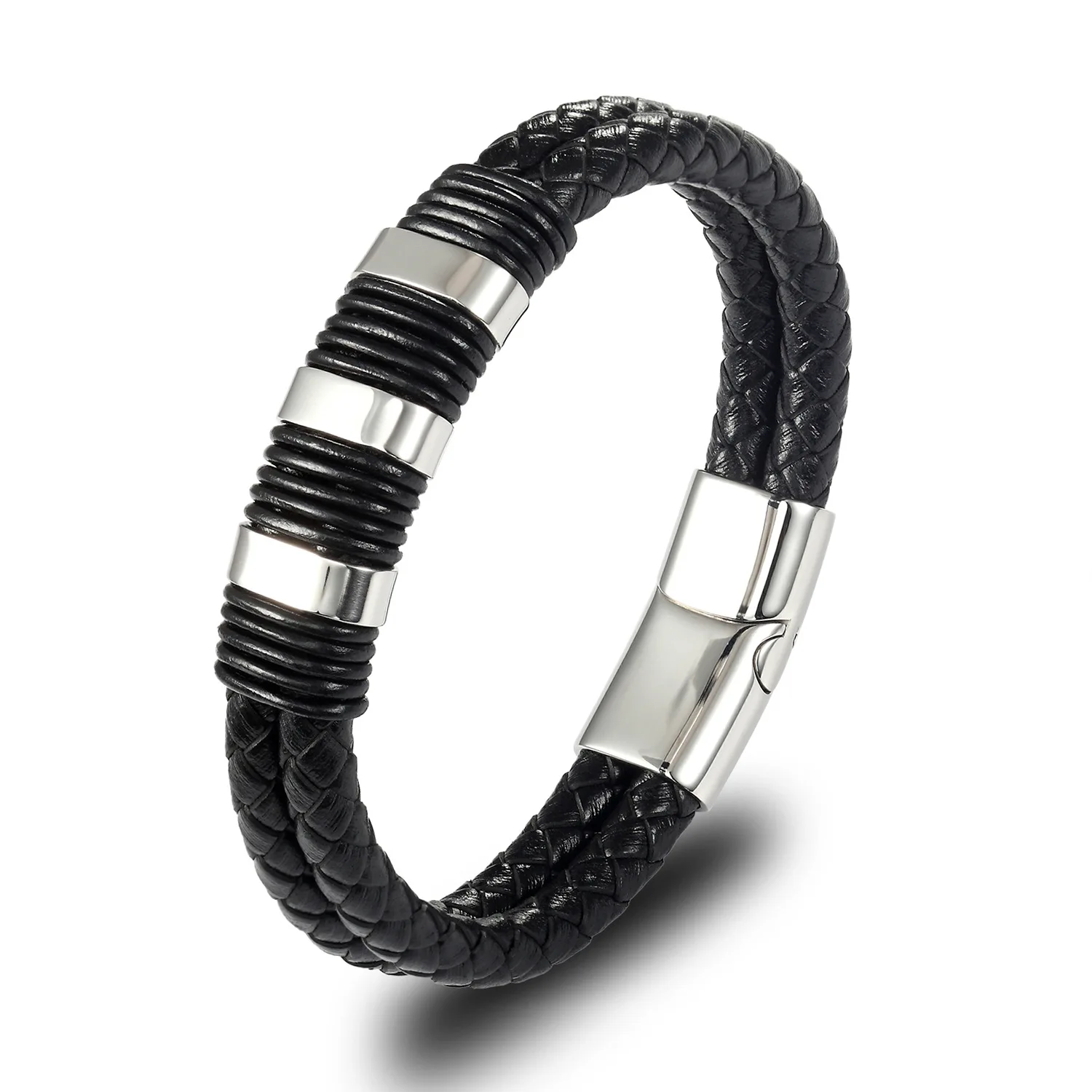 New Men's Titanium Steel Simple and Elegant Cowhide Bracelet Personalized Stainless Steel Leather Hand Knitting Charm Temperamen - Окраска металла: Steel color