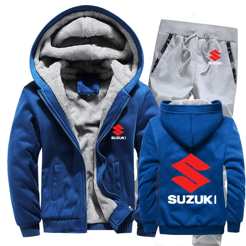 Мужские толстовки с капюшоном с логотипом Suzuki, мужские толстовки с капюшоном, зимний утепленный флисовый хлопковый спортивный костюм на молнии, мужская куртка+ штаны, комплекты из 2 предметов