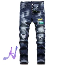 DSQ2 pantalones vaqueros rasgados de alta calidad, tela de parche informal, Hip Hop, dsq