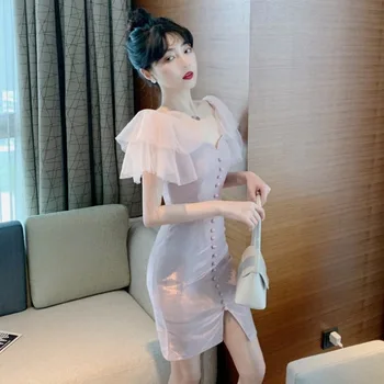 

gu lan Fairy Summer Retro Elegant Sexy Goddess Elegant Slimming Fairy Dress Slim Fit Slit Medium-length Dress