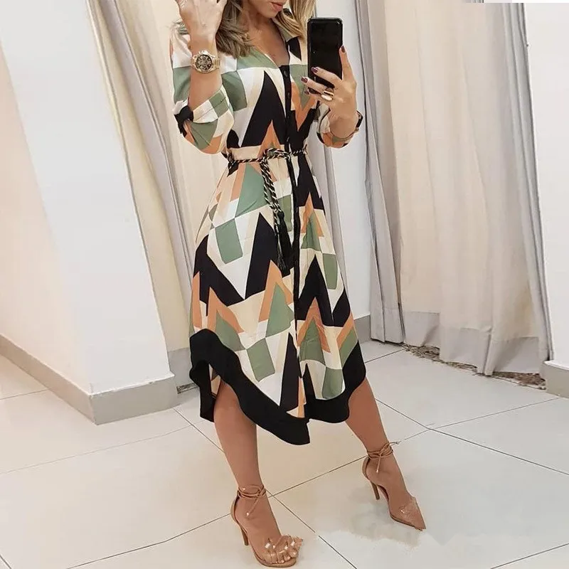 

Autumn Turn-Down Collar Geometric Print Dress Women Vintage Asymmetric Midi Dress Casual High Waist Blouse Dresses