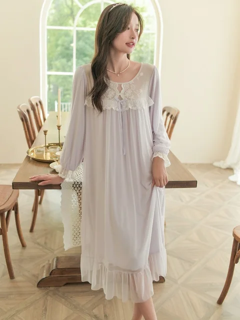 Hanxiuju New Soft Lace Modal Nightgowns For Lady Autumn Spring Elegant Vintage Princess Long Sleeve Loose Sleepwear