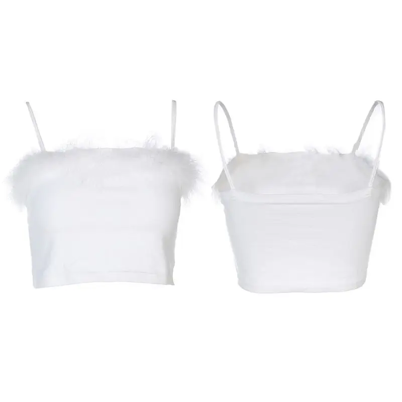 Женский сексуальный Пушистый Плюшевый укороченный топ с бретельками и перьями, топ-бандо C6UD