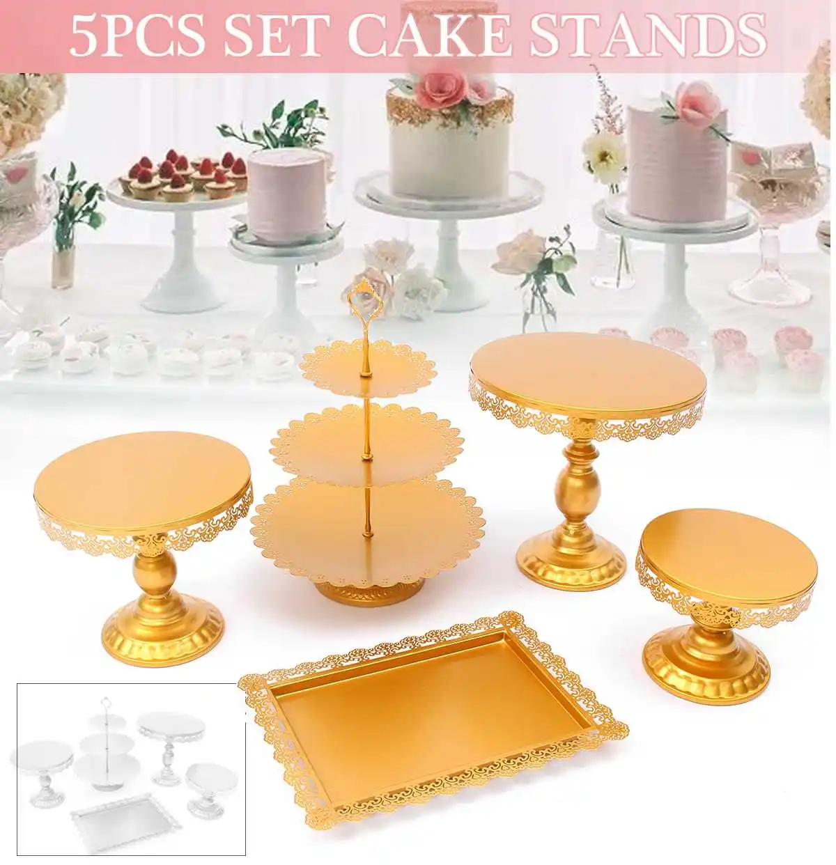 

5Pcs/Set White Gold Metal Cake Stand Cupcake Dessert Display Rack Holder Party Wedding Banquet Party Table Decoration Gifts