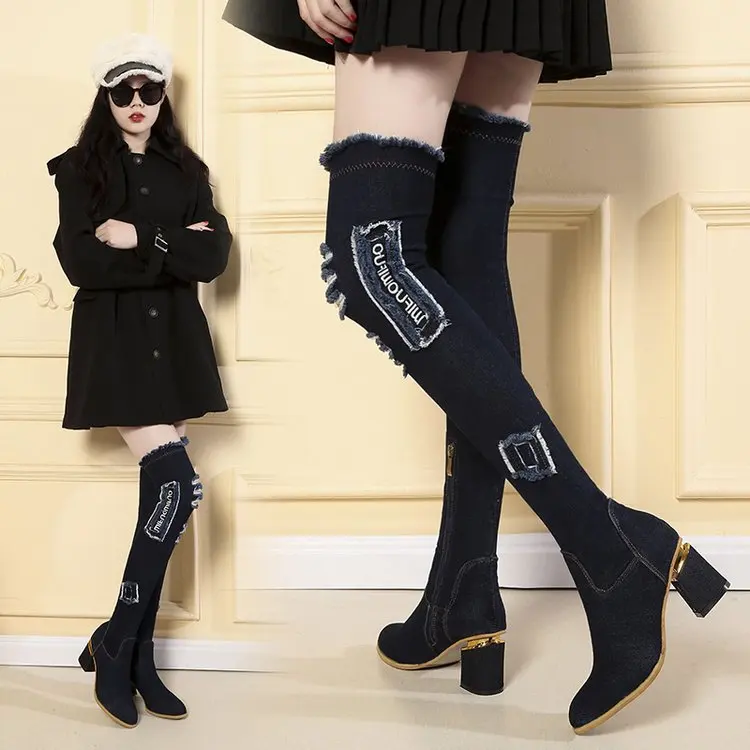 

Denim Stretch Boots Women's Tennis Red Thin Boots over-the-Knee Long Boots Thick with High Heels Korean-style Autumn And Winter
