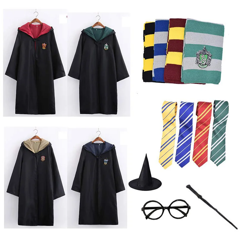 5PCS Set Magic Costume Robe Gryffindor Slytherin Ravenclaw Hufflepuff Cosplay Potter Costumes Kids Adult Cape Cloak E2103AD