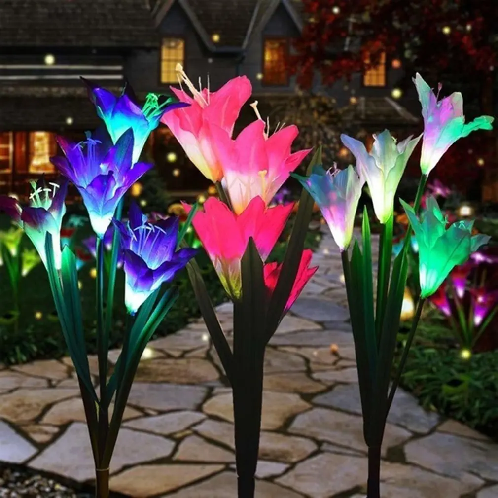 

New 2020 Outdoor 4 Solar Lily Lantern Led Artificial Flower Decorative Light Garden Floor Inserting led solar lawn light outdoor