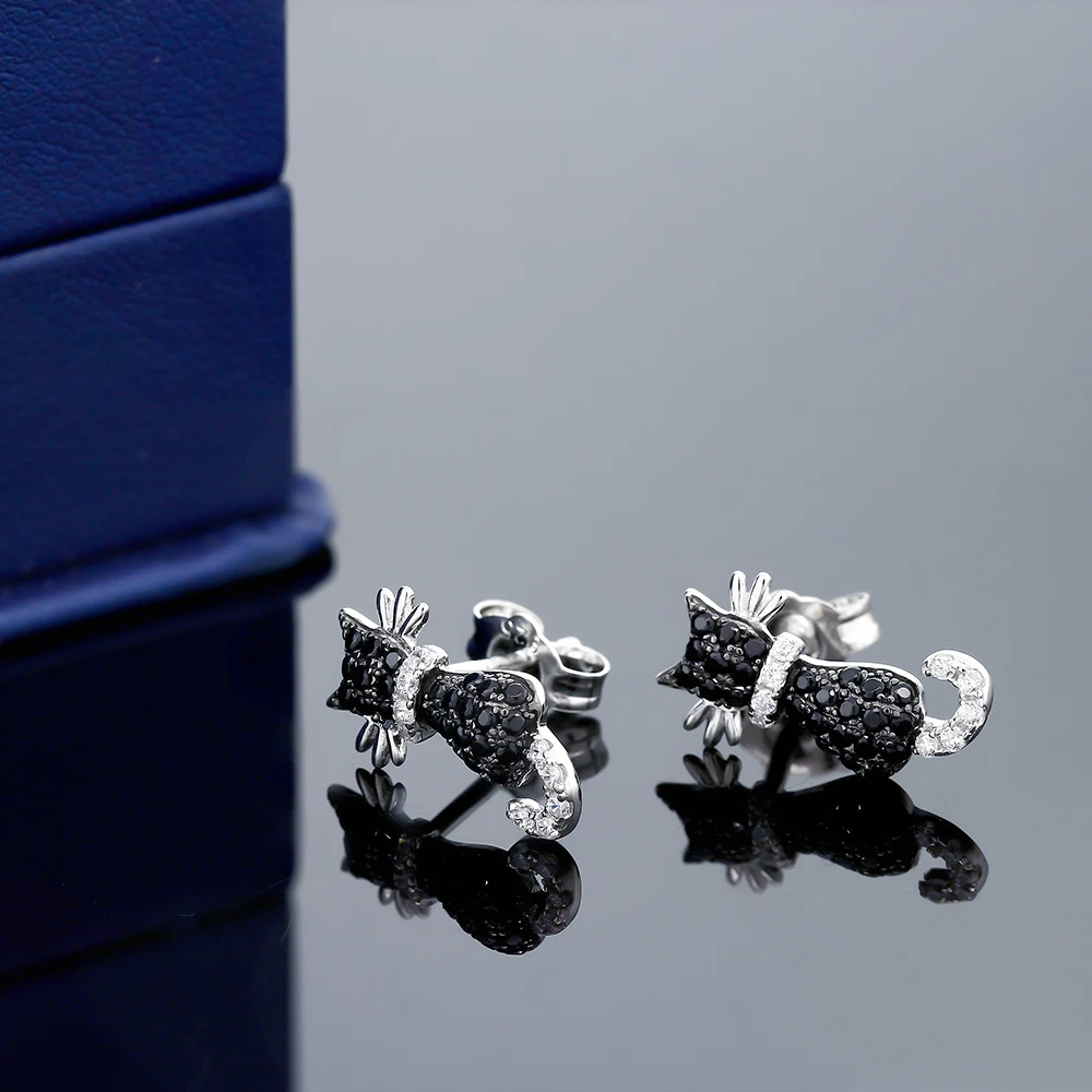 GemStoneKing очаровательные 925 пробы серебряные серьги 0.54ctw милый черный Кот кубический цирконий Винтажные серьги-гвоздики для девочек
