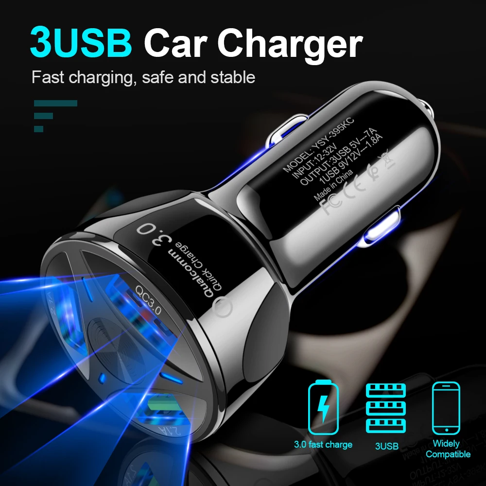 3 порта USB Автомобильное зарядное устройство Qick Charge 3,0 Быстрая автомобильная Зажигалка для samsung huawei Xiaomi автомобильное зарядное устройство для iPhone QC 3,0 Chargeur