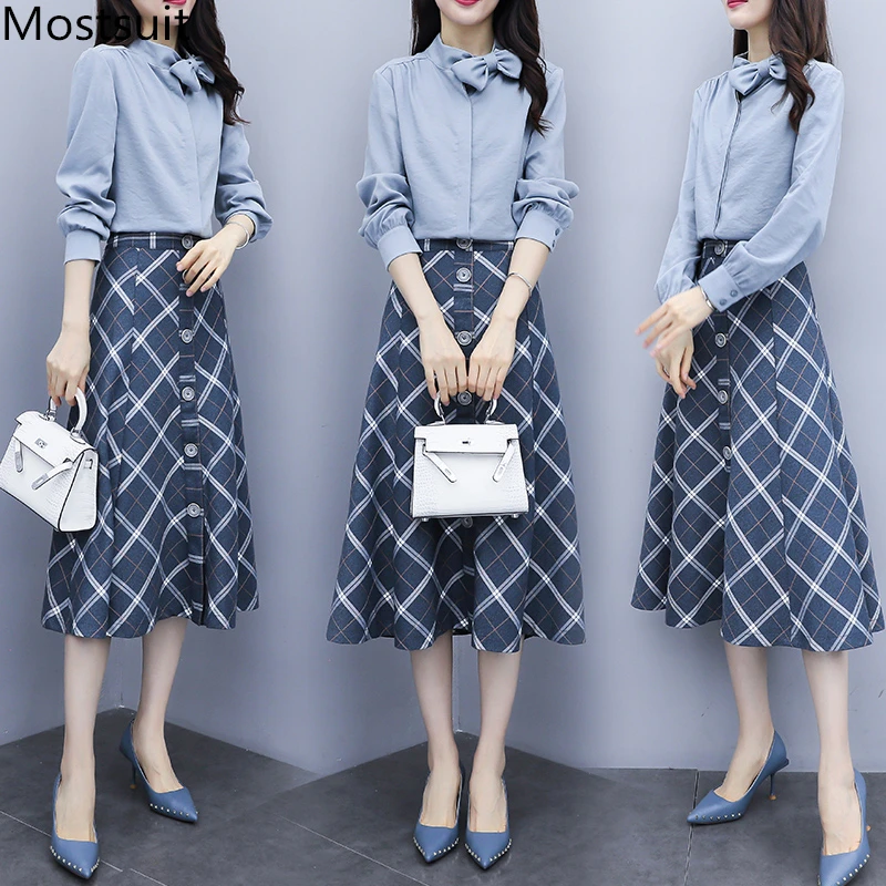 

2019 Autumn Two Piece Sets Outfits Women Plus Size Bow Shirt And Plaid Skirt Suits Elegant Office Korean 2 Piece Sets Blue Khaki