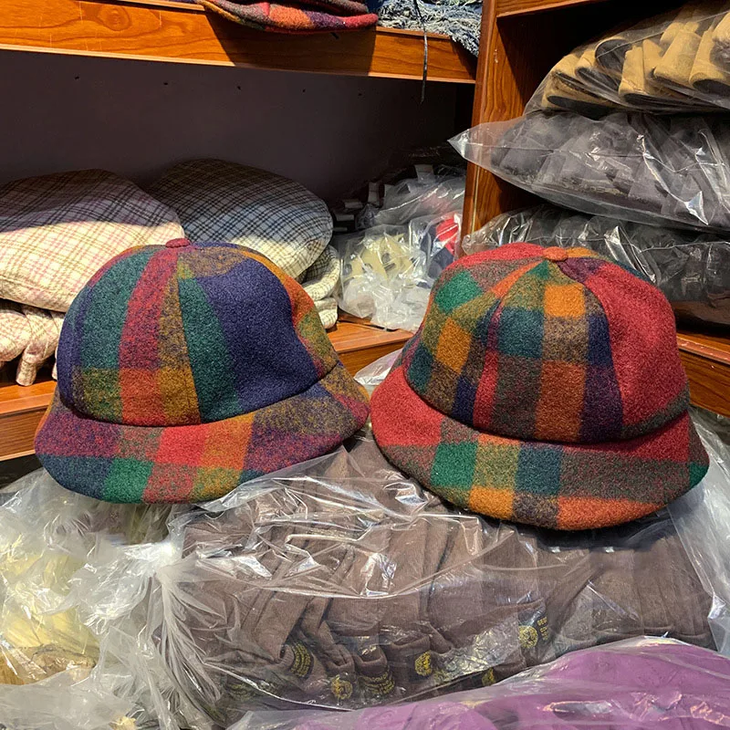 Autumn Winter Women Wool Blend Bucket Hat Red Blue Colorful Plaid Fisherman Hats Fashion Casual Street Dome Visor Cap Adjustable