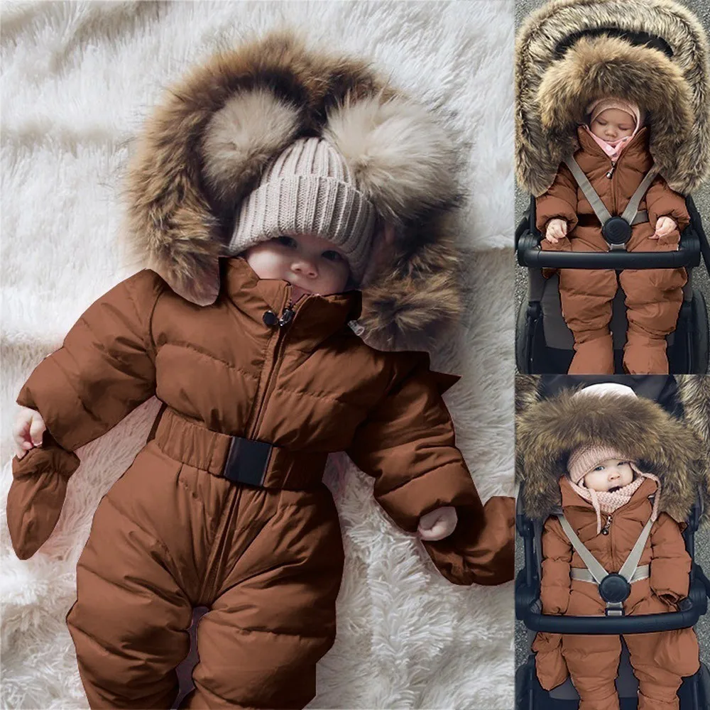 

CYSINCOS Baby Down Jacket Jumpsuit Winter Newborn Baby Jacket Winter Fashion Solid Thick Hooded Romper Baby Winter Warm Suit