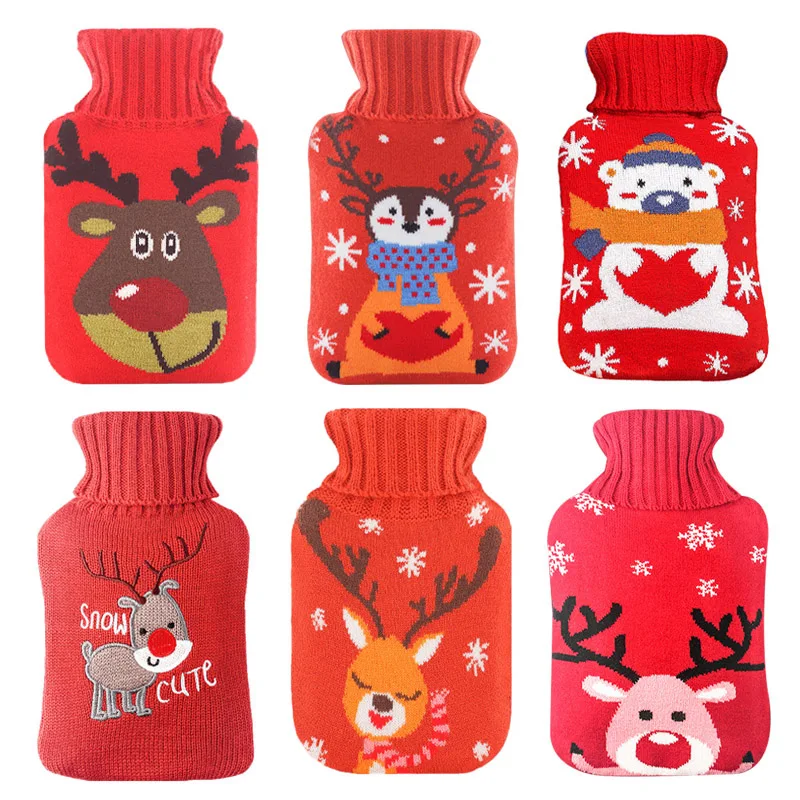 

1000ml Hot Water Bag Christmas Hand Warmer Knitted Elk Cover Hot Water Bottle Rubber liner Water-filled Container Handwarmer