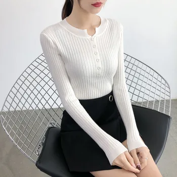 

Korean White Knitted Sweater Women Clothes Slim Pullover Tops Casual Buttons Thin Sweaters Pull Femme Autumn Minimalist Style