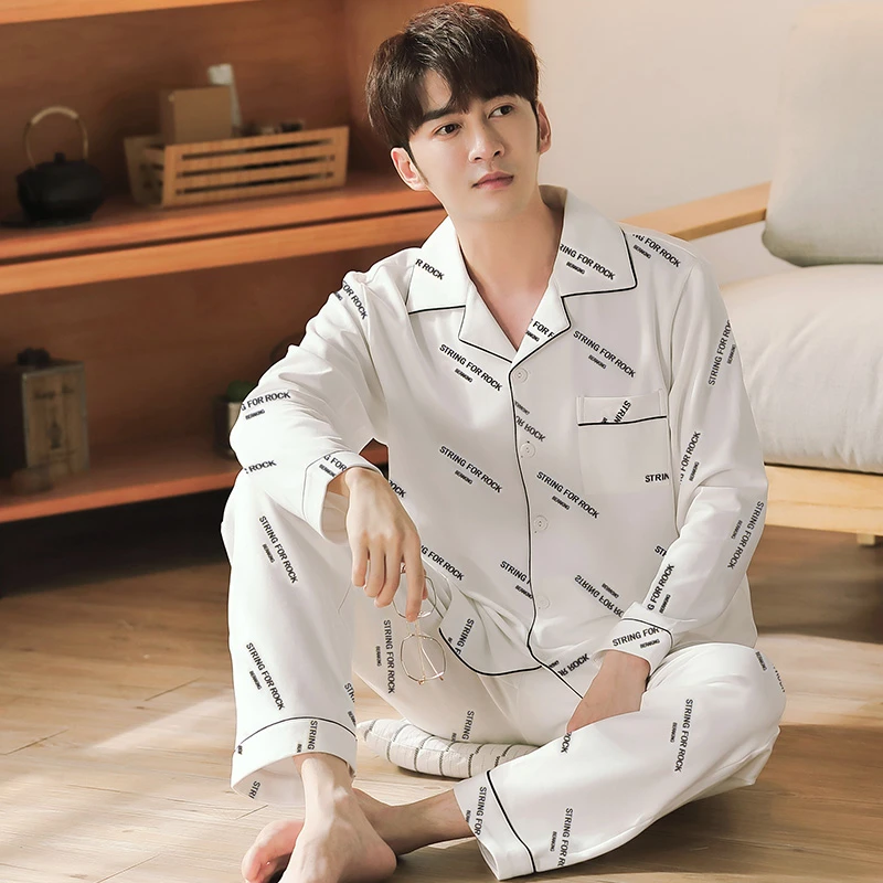 mens cotton pajama sets Men's Letter Cotton Pyjamas Homme 2 Pieces Lounge Sleepwear Pijama Autumn Bedgown Home Clothes Man PJs Pure Cotton Pajamas Set mens brushed cotton pyjamas