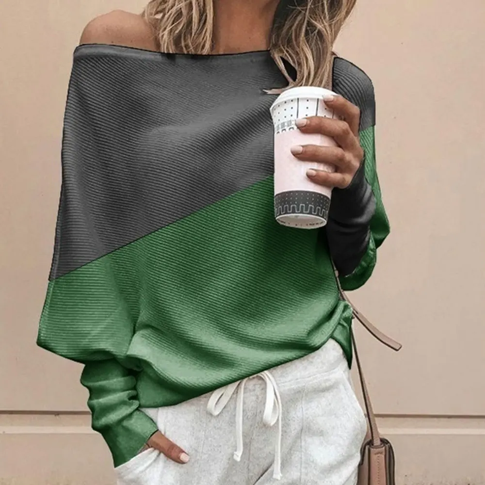 green Модная брендовая Осенняя футболка контрастных цветов, женская повседневная трикотажная одежда с открытыми плечами, женская рубашка джемпер с длинным рукавом - Цвет: green