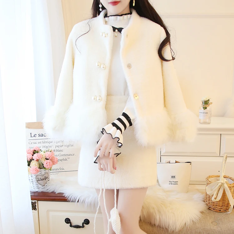 Шикарный Двойной жемчуг деко зима сладкий кашемир под норку пальто женский комплект 2 шт. перьевые кромки теплое шерстяное пальто юбка костюм