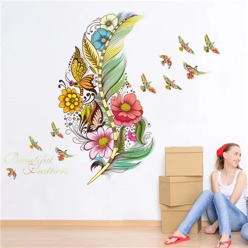 1PCS DIY Mural Art Posters 3d Vivid Feather Butterfly Birds Flower Wall Stickers Home Decoration Living Room Pvc Wall Decal