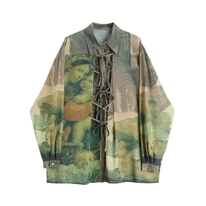 2021 Long sleeve Shirts Women Vintage Print Turn Down Collar Bow Blouses female Casual Lace Up Shirt Loose Blouse Autumn | Женская