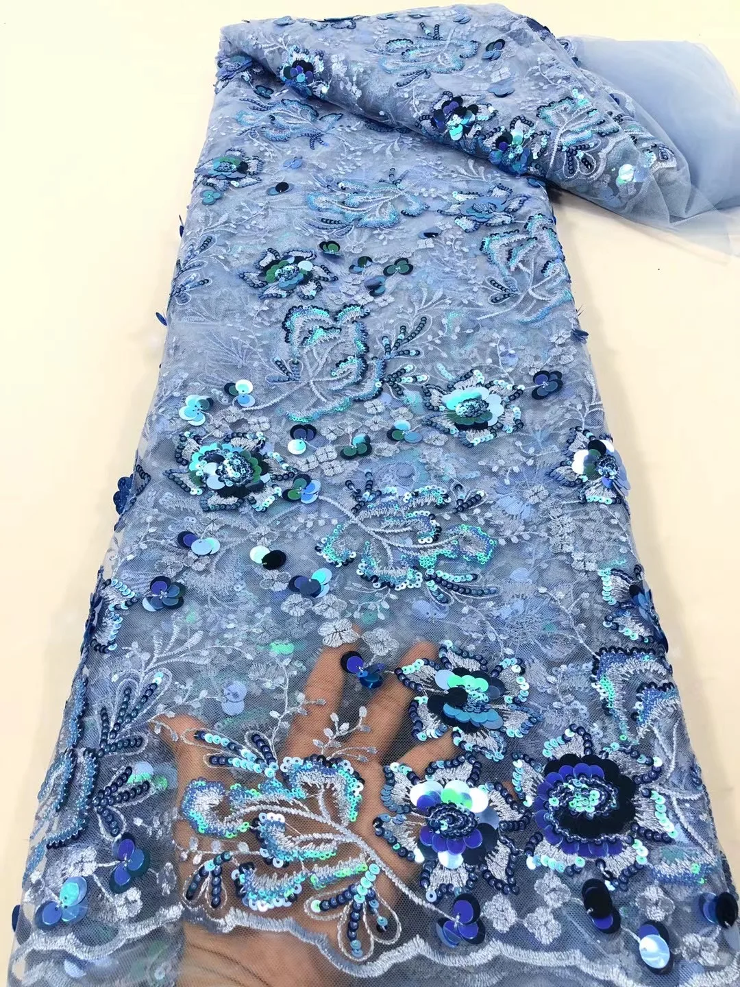 

(5yards/pc) High quality African wedding net lace sky blue French lace fabric with gorgeous sequins embroidery for dress FRX040