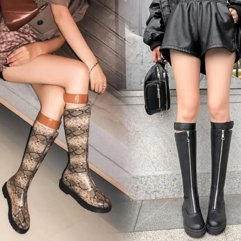 Coolcept British Style Women Knee High Boots Round Toe Zipper Flats Shoes Woman Long Boots Winter Warm Women Footwear Size 34-43