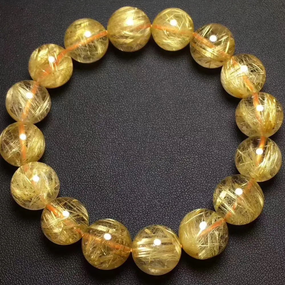 

14mm Natural Brazil Gold Rutilated Titanium Quartz Bracelet Woman Man Wealthy Clear Round Beads Crystal Certificate AAAAAA
