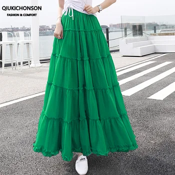 

Qiukichonson High Waist Long Maxi Bohemian Skirts Women Summer Fashion Dance Performance Cute A-Line Ruffle Skirts Ladies faldas
