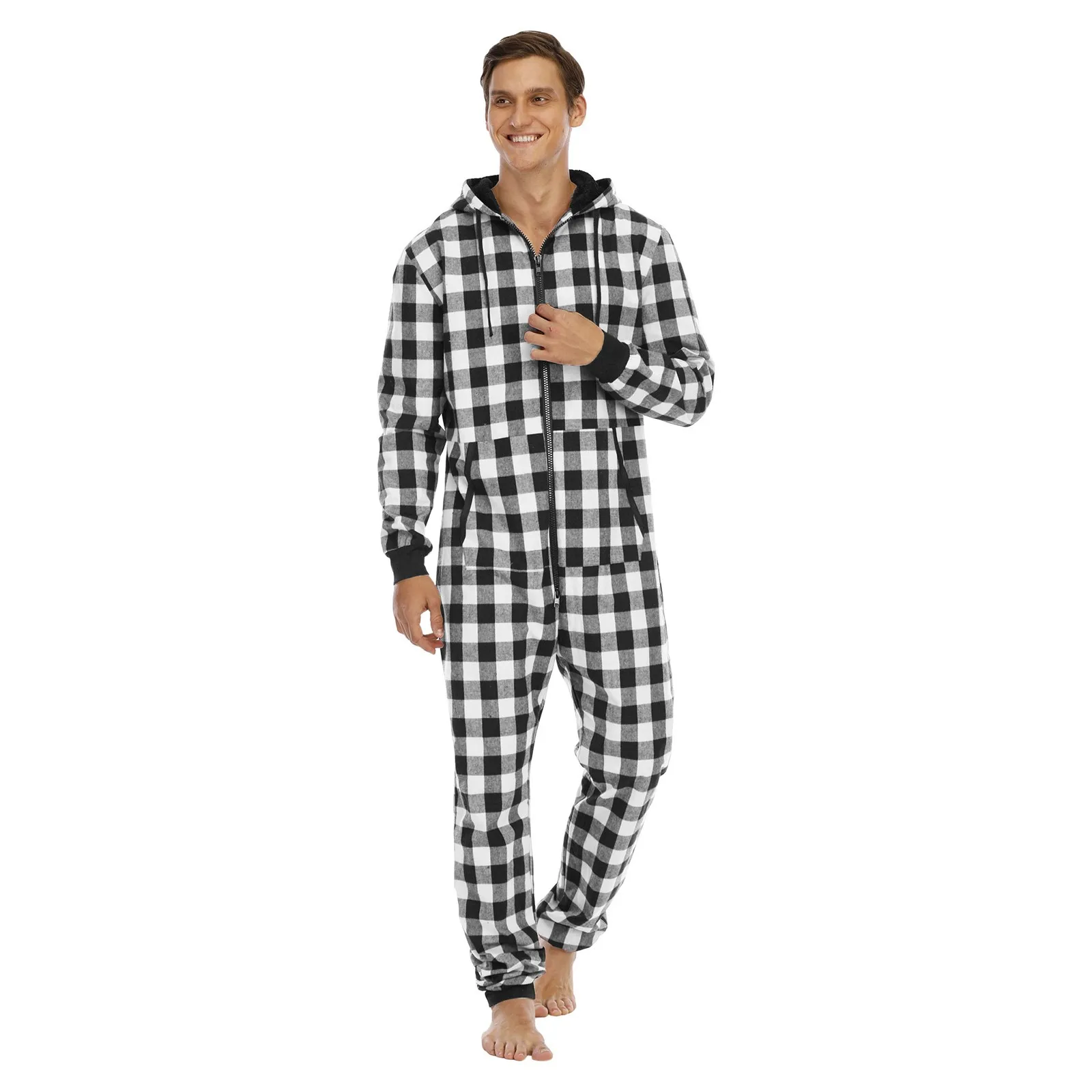 Long Sleeve Winter Pajamas For Men Printed Jumpsuit Zipper Hood Pyjamas Cotton Nightwear With